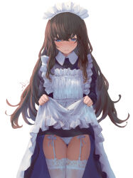 Rule 34 | 1girl, apron, black dress, black hair, blue eyes, clothes lift, collared dress, commentary request, commission, cowboy shot, dress, dress lift, embarrassed, garter straps, io (io oekaki), lace, lace-trimmed legwear, lace trim, lifted by self, long hair, looking down, maid, maid apron, maid headdress, original, panties, pixiv commission, simple background, solo, thigh gap, thighhighs, thighs, underwear, wavy mouth, white apron, white background, white panties, white thighhighs