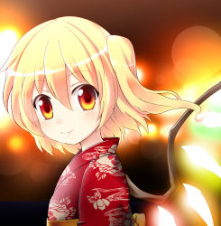 Rule 34 | 1girl, alternate costume, bell (artist), bell (oppore coppore), blonde hair, blurry, blush, bokeh, depth of field, face, female focus, flandre scarlet, glowing, glowing wings, japanese clothes, kimono, lights, no headwear, no headwear, red eyes, red kimono, side ponytail, smile, solo, embodiment of scarlet devil, touhou, wings, yukata