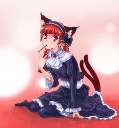 Rule 34 | 1girl, animal ears, bad id, bad pixiv id, cat ears, cat girl, cat tail, chikuwa (tks), female focus, food, full body, gothic lolita, gradient background, kaenbyou rin, lolita fashion, pantyhose, pocky, red eyes, red hair, sitting, solo, tail, touhou