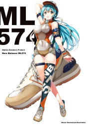 Rule 34 | 1girl, arm behind head, blue hair, commentary request, english text, fashion, gradient eyes, hair between eyes, highres, long hair, multicolored eyes, new balance, open mouth, original, personification, product girl, shimesaba kohada, shoes, single thighhigh, skindentation, sneakers, solo, thighhighs, visor cap, white background