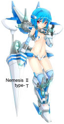 Rule 34 | 1girl, adapted costume, alternate costume, bare shoulders, blue hair, blush, breasts, crotch plate, densou tenshi valforce, elbow gloves, flat chest, gloves, hair ornament, highres, huge weapon, kannagi ai, karukan (monjya), lance, mecha musume, mechanical arms, no panties, pasties, polearm, red eyes, revealing clothes, short hair, single mechanical arm, small breasts, solo, thighhighs, thrusters, underboob, weapon