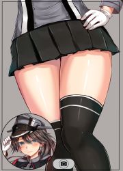 Rule 34 | 10s, 1girl, alternate costume, black skirt, black thighhighs, censored, close-up, cosplay, gloves, grey background, hand on own hip, highres, houshou (kancolle), identity censor, kantai collection, miniskirt, mosaic censoring, multiple views, pleated skirt, prinz eugen (kancolle), prinz eugen (kancolle) (cosplay), sazamiso rx, simple background, skirt, thighhighs, thighs, viewfinder, white gloves, zettai ryouiki