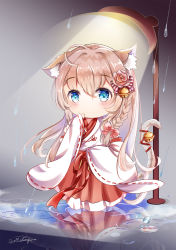 Rule 34 | 1girl, animal ear fluff, animal ears, bell, blue eyes, blush, bow, braid, cat ears, cat girl, cat tail, chibi, flower, hair between eyes, hair bow, hair flower, hair ornament, hakama, hakama skirt, hand up, highres, japanese clothes, jingle bell, kimono, lamppost, light brown hair, long sleeves, looking at viewer, mutang, original, rain, red bow, red flower, red hakama, red ribbon, red rose, reflection, ribbon, ribbon-trimmed sleeves, ribbon trim, ripples, rose, side braid, single braid, skirt, sleeves past fingers, sleeves past wrists, solo, standing, striped, striped bow, tail, tail bell, tail ornament, tail raised, tail ribbon, water, white kimono, wide sleeves