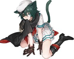 Rule 34 | 10s, 1girl, animal ears, armor, between legs, boots, brown gloves, cape, cat ears, cat tail, crnksg, eyepatch, gloves, green eyes, green hair, hand between legs, hat, kantai collection, kemonomimi mode, kiso (kancolle), kiso kai ni (kancolle), knee boots, looking at viewer, matching hair/eyes, mouth hold, neckerchief, pauldrons, pleated skirt, sailor hat, school uniform, serafuku, short hair, shoulder armor, simple background, sitting, skirt, solo, sugimoto (niboshiumai), tail, wariza, white background