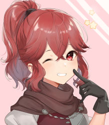 Rule 34 | 1girl, anna (fire emblem), anna (fire emblem engage), black gloves, blush, brown scarf, commentary request, finger to mouth, fire emblem, fire emblem engage, gloves, grin, hair between eyes, hair tie, haru (nakajou-28), index finger raised, looking at viewer, nintendo, one eye closed, ponytail, red eyes, red hair, scarf, short hair, sidelocks, smile, solo, star (symbol), teeth, upper body