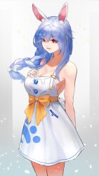 1girl absurdres animal_ear_fluff animal_ears arm_behind_back blue_hair border bow braid breasts cleavage commentary dress english_commentary eyes_visible_through_hair fading_border feet_out_of_frame floating_hair hair_between_eyes hair_bow hand_on_own_chest hangu highres hololive large_breasts legs_together long_hair looking_at_viewer mature_female multicolored_hair open_mouth pekomama pillarboxed rabbit_ears rabbit_girl rabbit_tail red_eyes short_eyebrows single_braid sleeveless sleeveless_dress smile solo sparkle standing tail thick_eyebrows two-tone_hair virtual_youtuber white_bow white_dress white_hair