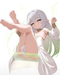 1girl ass ass_press bare_shoulders barefoot blush detached_sleeves dress gameplay_mechanics genshin_impact gradient_hair green_eyes green_hair grin highres idle_animation legs legs_up long_hair looking_at_viewer looking_down mockingeu multicolored_hair nahida_(genshin_impact) parted_lips pointy_ears rukkhadevata_(genshin_impact) rukkhadevata_(genshin_impact)_(cosplay) smile smug solo swing transparent upskirt very_long_hair white_hair