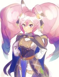 Rule 34 | 1girl, absurdres, animal ears, bell, blue hair, cape, cleo (dragalia lost), closed mouth, dotpyenji, dragalia lost, dress, hair bell, hair between eyes, hair ornament, hands on own hips, highres, long hair, long sleeves, looking at viewer, multicolored hair, pelvic curtain, pink eyes, pink hair, rabbit ears, solo, thighhighs, twintails, two-tone hair, very long hair, white background, white thighhighs