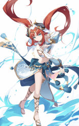 Rule 34 | 1girl, absurdres, aqua eyes, blue nails, blue skirt, bracer, circlet, closed mouth, clothing cutout, crop top, detached sleeves, eruthika, fake horns, floating hair, genshin impact, gladiator sandals, gold trim, harem outfit, highres, horns, jewelry, legs, long hair, long sleeves, looking at viewer, nail polish, navel, neck ring, nilou (genshin impact), parted bangs, puffy long sleeves, puffy sleeves, red hair, sandals, sidelocks, simple background, skirt, smile, solo, standing, stomach, toenail polish, toenails, toes, twintails, veil, very long hair, vision (genshin impact), water, white background, white headwear