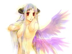 Rule 34 | 1girl, breasts, gradient background, horns, nude, red eyes, solo, wings