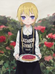 Rule 34 | 1girl, absurdres, bad id, bad twitter id, black dress, blonde hair, blurry, blurry background, blush, clothes writing, collared shirt, custard, depth of field, dress, flower, gishiki (gshk), highres, holding, jewelry, kill me baby, long hair, long sleeves, looking at viewer, necklace, parted lips, purple eyes, red flower, red rose, rose, shirt, solo, sonya (kill me baby), standing, twintails, white shirt, wing collar