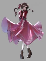 Rule 34 | 1girl, aerith gainsborough, alternate costume, boots, bow, braid, breasts, brown hair, dress, final fantasy, final fantasy vii, final fantasy vii remake, full body, green eyes, grey background, hair bow, highres, long dress, medium breasts, open mouth, parted bangs, pink dress, red shirt, shio ga, shirt, sidelocks, solo, square enix, wavy hair