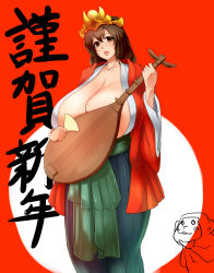 Rule 34 | 1girl, breasts, breasts out, brown eyes, brown hair, cleavage, copyright request, female focus, gigantic breasts, happy, highres, huge breasts, instrument, japanese clothes, japanese text, long hair, mafen, matching hair/eyes, solo, standing, thick thighs, thighs, translation request, wide hips