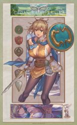 Rule 34 | 1girl, arm strap, bare shoulders, belt, belt buckle, blonde hair, blue eyes, blue scarf, breasts, brown pantyhose, buckle, cassandra alexandra, character name, cleavage, cleavage cutout, clothing cutout, commentary request, detached collar, dress, hair ribbon, highres, holding, holding shield, holding sword, holding weapon, ibanen, looking at viewer, medium breasts, medium hair, multiple views, namco, pantyhose, ponytail, ribbon, scarf, shield, short sword, soul calibur, soulcalibur, soulcalibur vi, sword, weapon, white dress, white ribbon