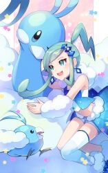 Rule 34 | 1girl, :d, altaria, arm warmers, blush, boots, buttons, commentary request, creatures (company), earrings, evolutionary line, eyelashes, game freak, gen 3 pokemon, green eyes, green hair, happy, highres, jewelry, lisia (pokemon), nintendo, open mouth, overskirt, pokemon, pokemon (creature), pokemon oras, shorts, sidelocks, single thighhigh, smile, swablu, teeth, thighhighs, upper teeth only, vest, zeroki (izuno)