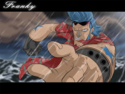 Rule 34 | 1boy, amputee, blue hair, character name, cyborg, franky (one piece), letterboxed, male focus, meguro fukuzou, ocean, one piece, outdoors, prosthesis, prosthetic arm, rain, solo, sunglasses