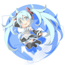 Rule 34 | 1girl, aqua eyes, aqua hair, chibi, detached sleeves, hatsune miku, highres, jumping, long hair, looking at viewer, necktie, open mouth, shiitake (mm0820), skirt, smile, solo, thighhighs, twintails, very long hair, vocaloid