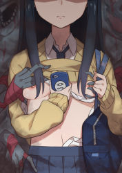 Rule 34 | 1girl, 2others, bag, bandaged arm, bandages, black hair, blood, blood from mouth, blue necktie, blue skirt, bra, bra lift, bra pull, breasts, breasts out, cellphone, clothes lift, clothes pull, collared shirt, colored skin, dress shirt, frown, ghost, grey skin, head out of frame, highres, holding, holding phone, long hair, medium breasts, midriff, mieruko-chan, morisobo, multiple others, necktie, nipple stimulation, nipple tweak, nipples, open clothes, open mouth, open shirt, phone, pleated skirt, school bag, school uniform, shirt, shoulder bag, skirt, sleeves past wrists, small breasts, smartphone, sweat, sweater, sweater lift, underwear, white bra, yellow sweater, yotsuya miko