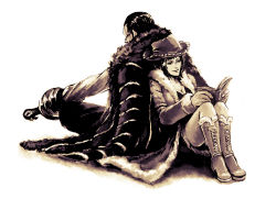 Rule 34 | 1boy, 1girl, amputee, back-to-back, bad id, bad pixiv id, black hair, boots, breasts, cleavage, coat, corset, cowboy hat, crocodile (one piece), cross-laced footwear, fur coat, hair slicked back, hat, hook hand, iduhara, jacket, jacket on shoulders, lace-up boots, long hair, medium breasts, monochrome, nico robin, one piece, reading, scar, short hair, sitting, smile