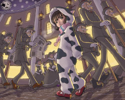 Rule 34 | 4girls, 6+boys, animal costume, animal print, bad id, bad pixiv id, breath, brown eyes, brown hair, cane, child, cow costume, cow print, dress, eyewear strap, facial hair, glasses, gloves, hat, hexagram, highres, hunchback, lamppost, looking back, mary janes, monocle, monocle chain, moon, multiple boys, multiple girls, mustache, newspaper, night, old, old man, old woman, pajamas, pavement, scarf, shoes, skyape, star (symbol), sunglasses, top hat, walking