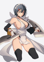 Rule 34 | 1girl, absurdres, black hair, blush, breasts, butterfly swords, choker, cleavage, collarbone, commentary request, dual wielding, grey eyes, hair ornament, hairclip, highres, holding, holding weapon, iroha (samurai spirits), japanese clothes, large breasts, leotard, leotard under clothes, looking at viewer, maid, maid headdress, nishizuki shino, parted lips, pelvic curtain, samurai spirits, shiny skin, short hair, simple background, sleeveless, smile, solo, thighhighs, thighs, weapon, wide hips
