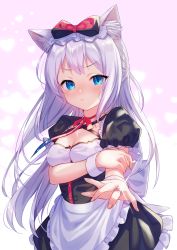 Rule 34 | 1girl, :t, animal ear fluff, animal ears, apron, azur lane, black dress, blue eyes, blush, breasts, cat ears, cleavage, closed mouth, commentary request, dress, frilled apron, frilled dress, frills, hammann (azur lane), heart, highres, jewelry, long hair, medium breasts, outstretched arm, pout, puffy short sleeves, puffy sleeves, purple background, ring, short sleeves, silver hair, solo, tsukiman, two-tone background, very long hair, waist apron, wedding band, white apron, white background, wrist cuffs