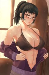 Rule 34 | 1girl, abs, absurdres, armpits, black hair, bra, breasts, brown eyes, cleavage, glasses, highres, jujutsu kaisen, large breasts, muscular, muscular arms, muscular female, muscular legs, ponytail, solo, sweat, sweatdrop, sweat, sweat, sweaty clothes, underwear, undressing, workout clothes, zen&#039;in maki, zenin maki