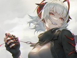 Rule 34 | 1girl, absurdres, ahoge, arknights, bad id, bad pixiv id, black gloves, black jacket, black scarf, breasts, commentary, demon horns, explosive, fangs, fingerless gloves, gloves, grenade, grenade pin, grey hair, grey shirt, grey sky, highres, holding, holding grenade, horns, huge filesize, jacket, medium breasts, nail polish, open clothes, open jacket, red eyes, red nails, scarf, shirt, sky, slit pupils, solo, suyama kara, upper body, w (arknights)