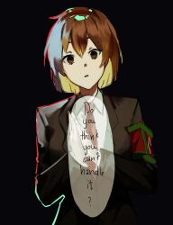 Rule 34 | 1girl, absurdres, armband, black background, black jacket, brown eyes, brown hair, empty eyes, english text, hairband, hands up, highres, jacket, lobotomy corporation, long sleeves, looking at viewer, malkuth (project moon), msx (mis4xi), necktie, open mouth, palms together, project moon, red hairband, red necktie, short hair, simple background, solo, speech bubble, upper body, wing collar