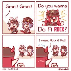 Rule 34 | 3girls, 4koma, ?, animal ears, arknights, black headwear, blue eyes, blue hair, brown shirt, cat tail, chibi, comic, commentary, demon horns, english commentary, english text, eyewear on head, flying sweatdrops, grani (arknights), grey hair, hair between eyes, hands on own cheeks, hands on own face, highres, horns, horse ears, jacket, long hair, misunderstanding, multiple girls, necktie, open mouth, pointy ears, ponytail, pun, red eyes, red hair, red necktie, rockrock (arknights), shirt, shoulder guard, skirt, smile, sparkling eyes, tail, twitter username, vigna (arknights), visor lift, wittle red