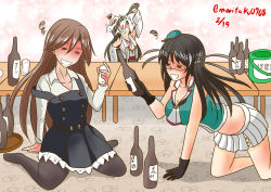Rule 34 | 10s, 3girls, alcohol, arashio (kancolle), bare shoulders, beret, black gloves, black hair, bottle, brown hair, choukai (kancolle), commentary request, detached sleeves, dress, drinking, drugged, drunk, glasses, gloves, hair ornament, hairband, hairclip, haruna (kancolle), hat, headgear, highres, japanese clothes, kantai collection, long hair, midriff, moritaku0708, multiple girls, nontraditional miko, open mouth, pantyhose, pinafore dress, pleated skirt, red eyes, remodel (kantai collection), ribbon-trimmed sleeves, ribbon trim, rimless eyewear, sake, sake bottle, school uniform, serafuku, skirt, sleeveless dress, wide sleeves