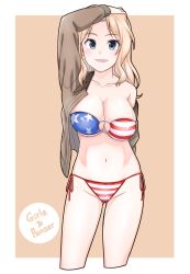 Rule 34 | 10s, 1girl, :d, american flag bikini, arm behind back, arm up, artist request, bare shoulders, belly, bikini, blonde hair, blue eyes, blush, breasts, brown background, brown jacket, cleavage, collarbone, eyes visible through hair, feet out of frame, female focus, flag print, girls und panzer, grin, happy, jacket, kay (girls und panzer), large breasts, long hair, looking at viewer, navel, neck, o-ring, o-ring bikini, o-ring swimsuit, o-ring top, off shoulder, open clothes, open jacket, open mouth, panties, parted bangs, side-tie bikini bottom, smile, solo, standing, star (symbol), star print, strapless, strapless bikini, striped bikini, striped clothes, swimsuit, underwear