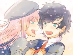 Rule 34 | 10s, 1boy, 1girl, black hair, blue eyes, commentary request, couple, darling in the franxx, green eyes, grey hat, hands on another&#039;s chest, hat, hetero, hiro (darling in the franxx), long hair, long sleeves, looking at another, military, military uniform, necktie, open mouth, peaked cap, petals, pink hair, red neckwear, short hair, temaroppu (ppp 10cc), uniform, zero two (darling in the franxx)