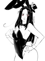 arc_system_works black_hair bow bowtie eyes_visible_through_hair guilty_gear guilty_gear_strive hat leotard long_hair mgxcr playboy_bunny rabbit_ears red_eyes smile testament_(guilty_gear) thick_thighs thighs wrist_cuffs