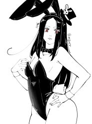 Rule 34 | arc system works, black hair, bow, bowtie, eyes visible through hair, guilty gear, guilty gear strive, hat, highres, leotard, long hair, mgxcr, playboy bunny, rabbit ears, red eyes, smile, testament (guilty gear), thick thighs, thighs, wrist cuffs