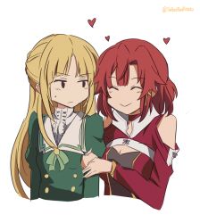 Rule 34 | 10s, 2girls, ^ ^, arm hug, black eyes, blonde hair, blunt bangs, bow, breasts, buttons, center frills, choker, cleavage, cleavage cutout, closed eyes, closed mouth, clothing cutout, collar, dress, expressionless, eyebrows, frills, green ribbon, heart, izetta, jitome, long hair, long sleeves, multiple girls, ortfine fredericka von elystadt, ortfine fredericka von eylstadt, red hair, ribbon, saltedredpotato, short hair, shuumatsu no izetta, simple background, sketch, small breasts, smile, sweatdrop, twitter username, upper body, white background, yuri