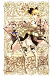 Rule 34 | 1girl, ahoge, armor, armored dress, artoria pendragon (fate), blonde hair, bow, caliburn (fate), capcom, character name, detached sleeves, fate/unlimited codes, fate (series), faulds, gauntlets, greaves, green eyes, hachini, hair bow, ponytail, saber (fate), saber lily, solo, sword, weapon