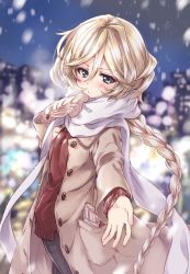 Rule 34 | 1girl, black pants, blonde hair, blue eyes, blurry, blurry background, blush, braid, braided ponytail, breath, brown coat, brown sweater, carol malus dienheim, closed mouth, coat, commentary request, commission, depth of field, frown, half-closed eyes, highres, kuroi mimei, long hair, looking at viewer, mittens, mole, mole under eye, night, open clothes, open coat, outdoors, pants, scarf, senki zesshou symphogear, single braid, single mitten, skeb commission, snowing, solo, standing, sweater, trench coat, very long hair, white mittens, white scarf