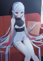 Rule 34 | 1girl, absurdly long hair, absurdres, bare shoulders, black leotard, blood, blood on face, blood splatter, breasts, closed mouth, colored skin, couch, cushion, gradient skin, hair between eyes, highres, leotard, long hair, looking at viewer, medium breasts, original, pointy ears, red eyes, red skin, seizou hidzuke, sitting, skirt, solo, thigh strap, very long hair, white hair, white skirt