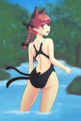 Rule 34 | 1girl, alternate costume, animal ears, ass, back, bare shoulders, black bow, black one-piece swimsuit, bow, braid, cat ears, competition swimsuit, contrapposto, day, extra ears, forest, from-behind, hair bow, hair ribbon, isaki (gomi), kaenbyou rin, long hair, looking at viewer, looking back, nature, one-piece swimsuit, open mouth, outdoors, pointy ears, profile, ribbon, sideways mouth, sky, solo, swimsuit, touhou, tree, tress ribbon, twin braids, twintails, wading, water