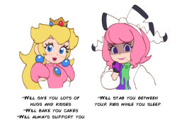 Rule 34 | 2girls, blonde hair, blue eyes, breasts, chibi, creatures (company), crown, dress, drill hair, earrings, elbow gloves, english text, game freak, gloves, jewelry, klara (pokemon), long hair, looking at viewer, mario (series), mole, mole under mouth, multiple girls, nintendo, open mouth, pink dress, pink hair, pokemon, pokemon swsh, princess peach, riz, short hair, small breasts, smile, sphere earrings, twin drills