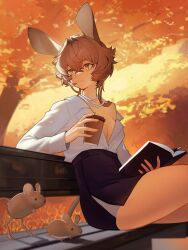 Rule 34 | 1girl, absurdres, animal ears, arknights, autumn, autumn leaves, bench, blouse, book, breasts, brown hair, business casual, cleavage, coffee cup, cup, disposable cup, distr, dorothy (arknights), highres, holding, holding cup, jerboa, jewelry, messy hair, miniskirt, necklace, no bra, open book, outdoors, park bench, pearl necklace, pen, shirt, short hair, side slit, sitting, skirt, smile, solo, thighs, white shirt, yellow eyes