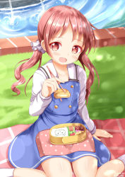 Rule 34 | 1girl, :d, bento, blue skirt, blue vest, blush, brown eyes, brown hair, chopsticks, collarbone, commentary request, dated, day, food, fountain, gochuumon wa usagi desu ka?, head tilt, highres, holding, holding chopsticks, kafuu chino&#039;s school uniform, long hair, long sleeves, looking at viewer, low twintails, natsu megumi, omelet, open mouth, outdoors, school uniform, shirt, sitting, skirt, smile, socks, solo, tamagoyaki, twintails, twitter username, vest, wariza, water, white shirt, white socks, xenon (for achieve)
