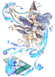 Rule 34 | 1girl, absurdres, bare shoulders, blue eyes, blue hair, boots, card, detached sleeves, duel monster, highres, holding, holding staff, hydrokinesis, kaichou (homehome h), long hair, long sleeves, pointy ears, pointy hair, rite of aramesir, solo, staff, standing, standing on one leg, thigh boots, water, water enchantress of the temple, white footwear, yu-gi-oh!