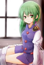 Rule 34 | 1girl, blanket, blue vest, bottomless, green eyes, green hair, highres, juliet sleeves, long sleeves, looking at viewer, no headwear, no pants, oshiaki, puffy sleeves, shiki eiki, sitting, smile, solo, thighs, touhou, vest, window