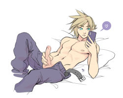 Rule 34 | 1boy, aqua eyes, blonde hair, cellphone, cloud strife, commentary, cropped legs, english commentary, erection, final fantasy, final fantasy vii, heart, holding, holding phone, lying, male focus, male masturbation, masturbation, on back, on bed, open fly, pants, pectorals, penis, phone, reclining, small nipples, smartphone, solo, spiked hair, spoken heart, square enix, testicles, topless male, uncensored, vashperado