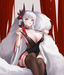 Rule 34 | 1girl, azur lane, bare shoulders, black dress, blunt bangs, breasts, brown thighhighs, choker, cleavage, collarbone, curvy, dress, evening gown, flower, fur shawl, garter belt, hair flower, hair ornament, halter dress, halterneck, hands up, highres, hip vent, horns, large breasts, legs together, light blush, light smile, lipgloss, long hair, looking at viewer, moli qiyue, nail polish, no bra, official alternate costume, pink eyes, plunging neckline, red nails, ribbon, ribbon choker, shawl, shiny clothes, sideboob, sitting, solo, strap pull, thigh strap, thighhighs, very long hair, white hair, yorck (azur lane), yorck (breaker under the blood moon) (azur lane), zettai ryouiki