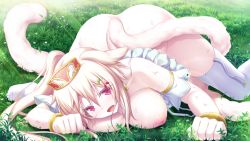 Rule 34 | 1girl, ass, blonde hair, blush, breast press, breasts, breasts out, eushully, female focus, game cg, garter straps, grass, inverted nipples, kami no rhapsody, large breasts, legs, long hair, looking at viewer, lying, mitsuki, nipples, no panties, open mouth, pink eyes, ponytail, rishe, solo, sunlight, tail, thighhighs, thighs, top-down bottom-up, yakuri