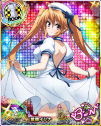 Rule 34 | 1girl, ahoge, backless dress, backless outfit, bow, bracelet, breasts, brown hair, card (medium), chess piece, clothes lift, copyright name, dress, dress lift, hair between eyes, hat, high school dxd, high school dxd born, jewelry, lifted by self, looking at viewer, medium breasts, official art, purple eyes, rook (chess), sailor dress, sailor hat, shidou irina, short sleeves, smile, solo, twintails