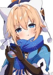Rule 34 | 1girl, ahoge, blonde hair, blue eyes, blush, can, canned food, commentary request, gloves, hair between eyes, hair ornament, hat, honkai: star rail, honkai (series), looking at viewer, lynx landau, medium hair, omuretsu, pout, signature, simple background, solo, white background, winter clothes